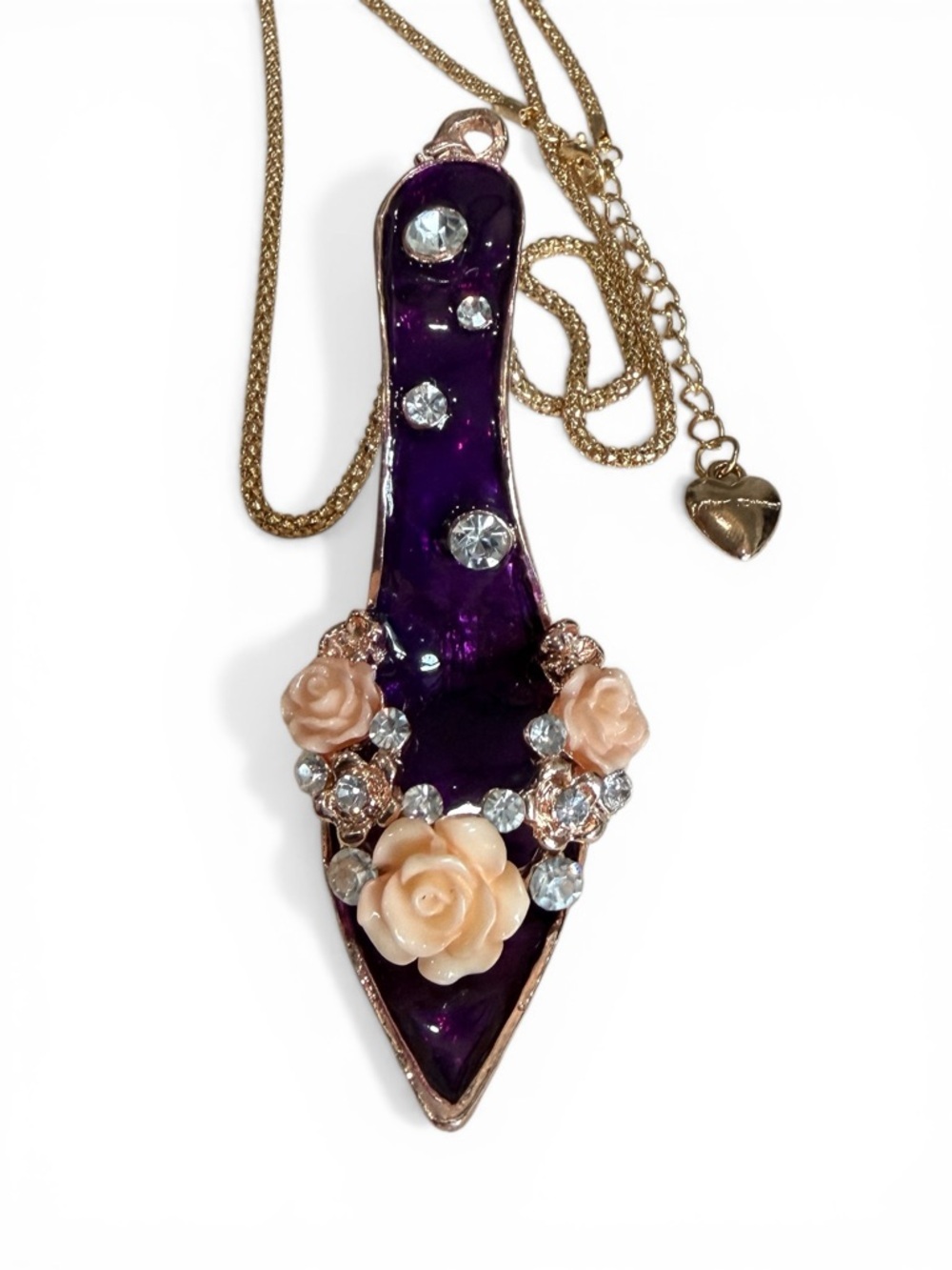 Betsey Johnson Purple Enamel Rose Crystal Mule Heel Pendant Necklace NWT - Picture 4 of 8